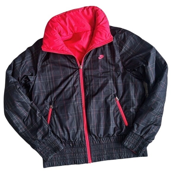 Nike Other - Nike Reversible‎ Puffer Jacket Kids Large 12-14 Pink Black Plaid Windbreaker Zip